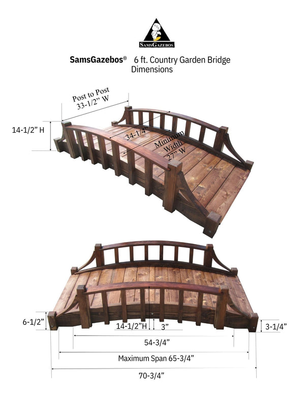 French Country Wooden Garden Bridge 6 ft. Dimensions- SamsGazebos Handcrafted Garden Structures