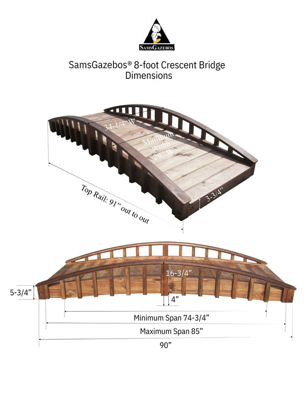 Crescent Japanese Wooden Garden Bridge 8 ft. - SamsGazebos Handcrafted Garden Structures