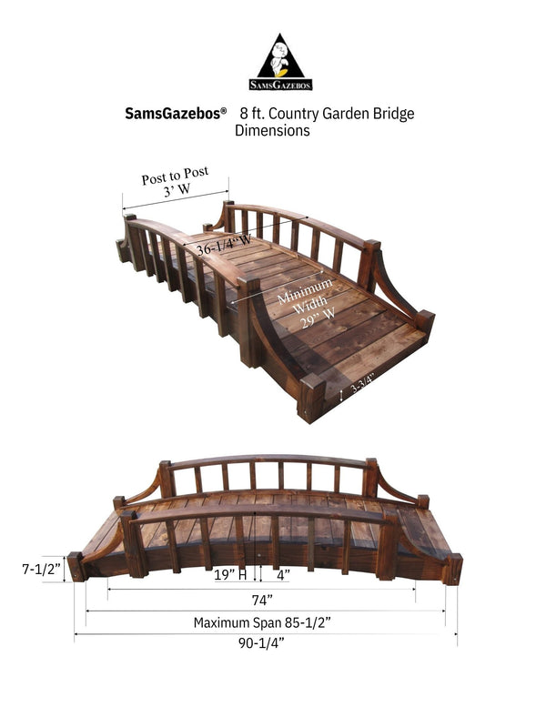 French Country Wood Garden Bridge 8 ft. - SamsGazebos Handcrafted Garden Structures