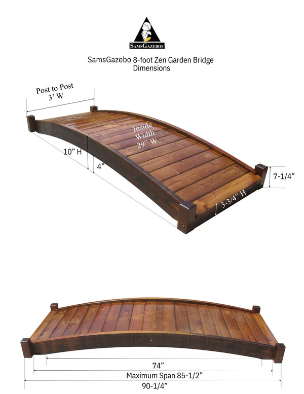 Zen Japanese Wood Garden Bridge 8 ft. - SamsGazebos Handcrafted Garden Structures