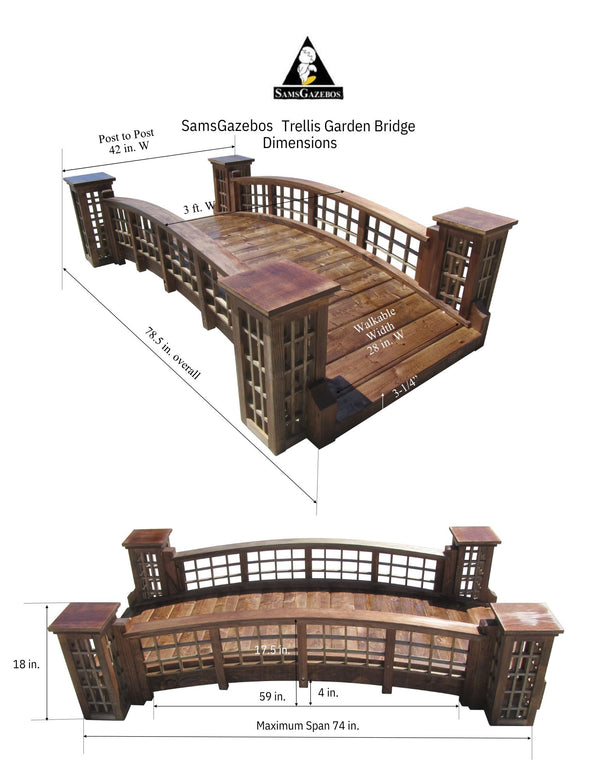 Garden Bridge with Cross Halving Grid Lattice and 4 Trellis Posts 7 ft.