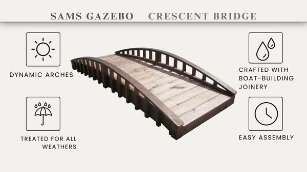 Crescent Japanese Wooden Garden Bridge 8 ft. - SamsGazebos Handcrafted Garden Structures