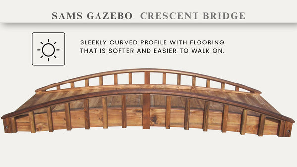 Crescent Japanese Wooden Garden Bridge 8 ft. - SamsGazebos Handcrafted Garden Structures