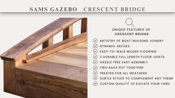 Crescent Japanese Wooden Garden Bridge 8 ft. - SamsGazebos Handcrafted Garden Structures