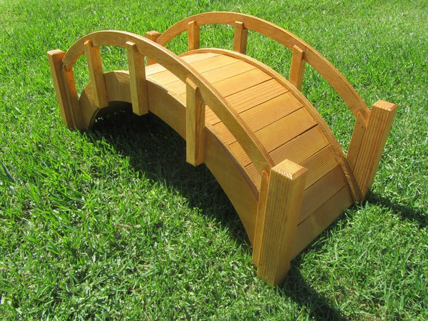 Miniature Japanese Wooden Garden Bridge 25 Inches Tan - SamsGazebos Handcrafted Garden Structures