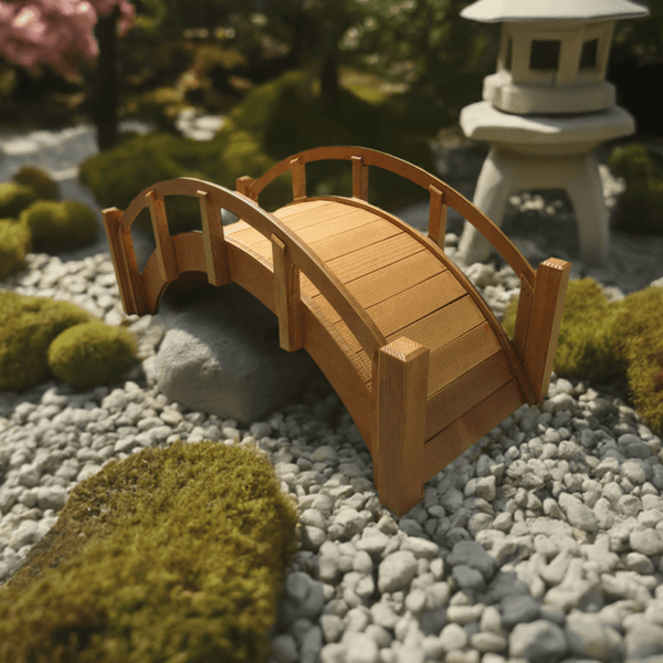 Miniature Japanese Wooden Garden Bridge 25 Inches Tan - SamsGazebos Handcrafted Garden Structures