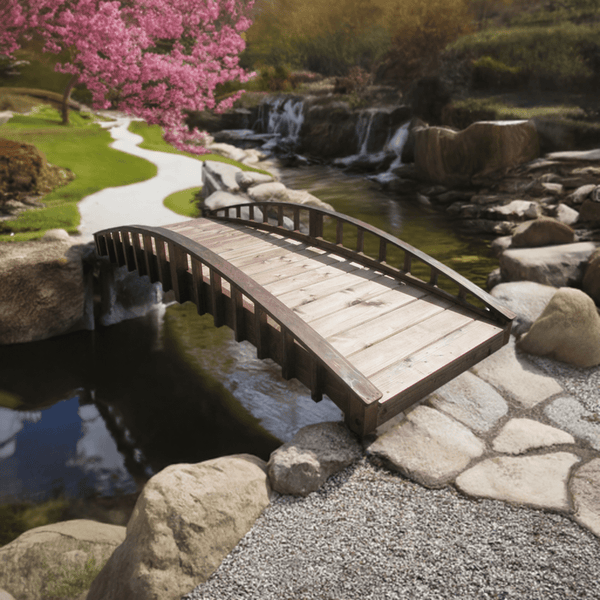 Crescent Japanese Wooden Garden Bridge 8 ft. - SamsGazebos Handcrafted Garden Structures