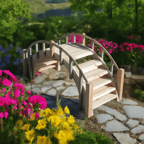 Fairy Tale Small Garden Bridge with Picket Railings 33 Inches Unfinished - SamsGazebos Handcrafted Garden Structures