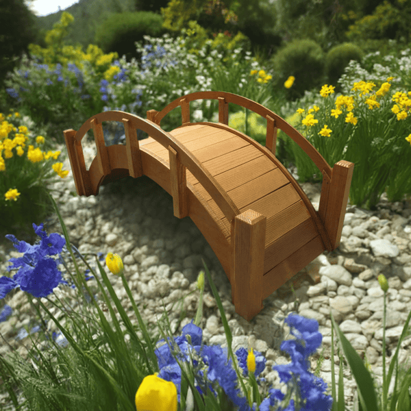 Miniature Japanese Wooden Garden Bridge 25 Inches Tan - SamsGazebos Handcrafted Garden Structures