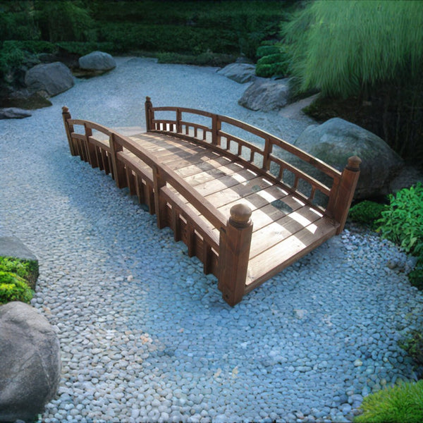 Japanese Taiko Wooden Garden Bridge with Finials 8 ft. - SamsGazebos Handcrafted Garden Structures