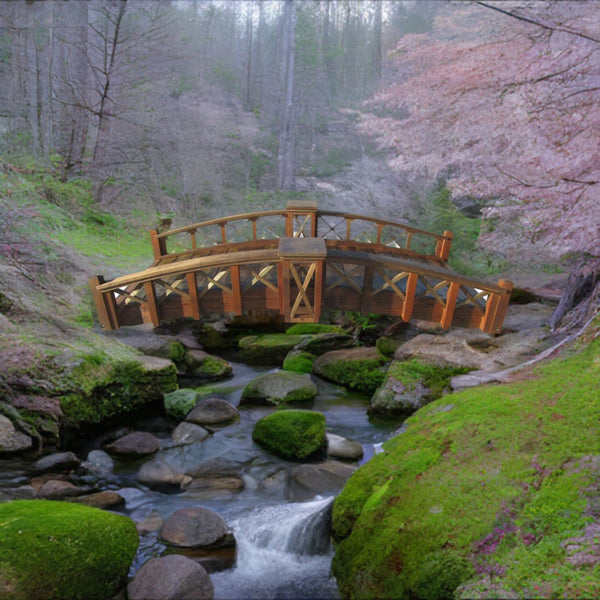 Secret Garden Bridge with Cross Halving Lattice Rails 7 ft. - SamsGazebos Handcrafted Garden Structures