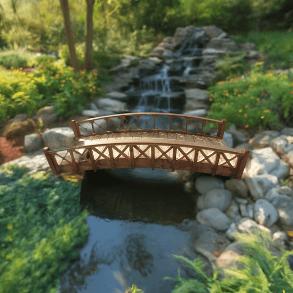 Swan Wooden Garden Bridge with Half Halving Lattice Railings 8 ft. - SamsGazebos Handcrafted Garden Structures