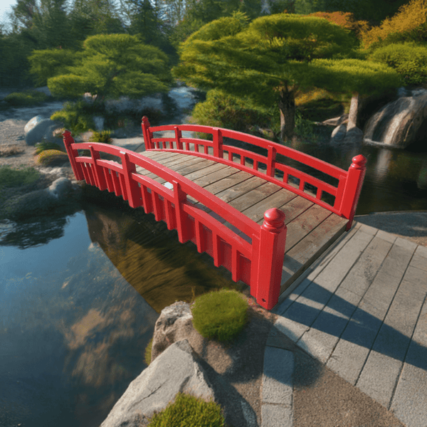 Japanese Taiko Wood Garden Bridge with Finials 8 ft. in RED CLEARANCE - SamsGazebos Handcrafted Garden Structures