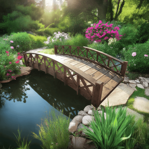 Swan Wooden Garden Bridge with Cross Halving Lattice Railings 6 ft. - SamsGazebos Handcrafted Garden Structures