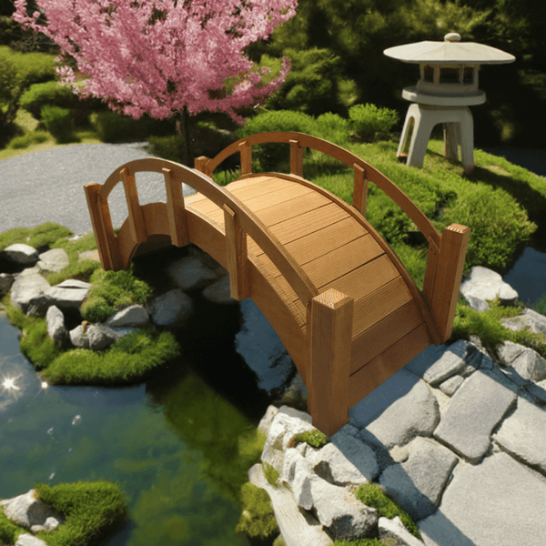 Miniature Japanese Wooden Garden Bridge 25 Inches Tan - SamsGazebos Handcrafted Garden Structures