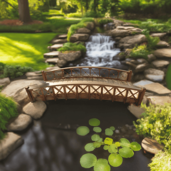 Swan Wooden Garden Bridge with Half Halving Lattice Railings 8 ft. - SamsGazebos Handcrafted Garden Structures