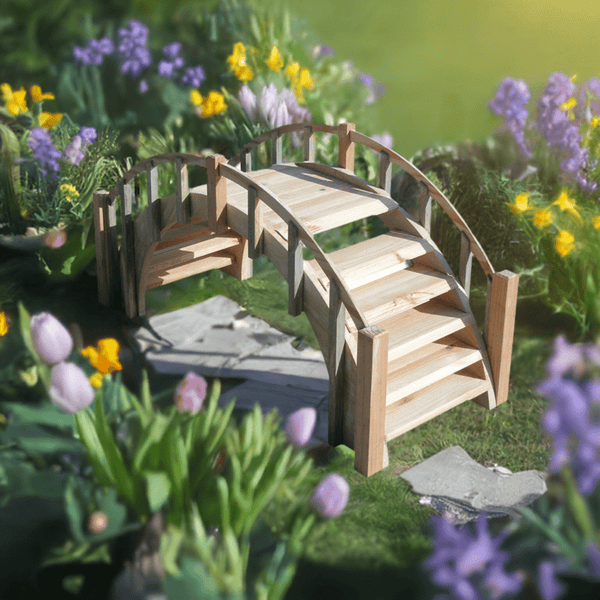 Fairy Tale Small Garden Bridge with Picket Railings 33 Inches Unfinished - SamsGazebos Handcrafted Garden Structures