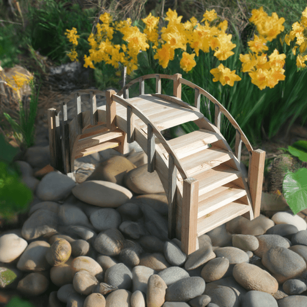 Fairy Tale Small Garden Bridge with Picket Railings 33 Inches Unfinished - SamsGazebos Handcrafted Garden Structures