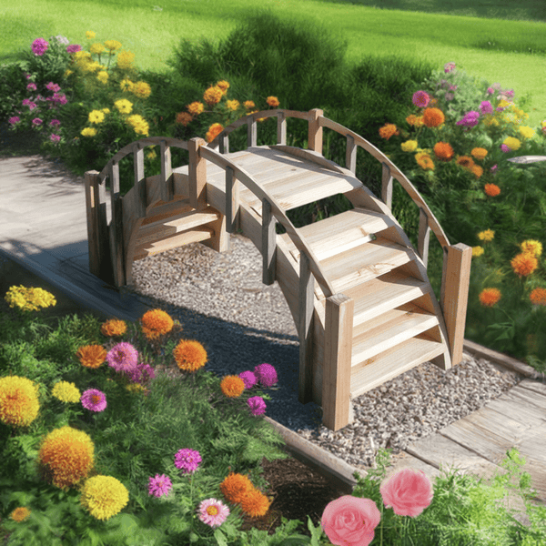 Fairy Tale Small Garden Bridge with Picket Railings 33 Inches Unfinished - SamsGazebos Handcrafted Garden Structures