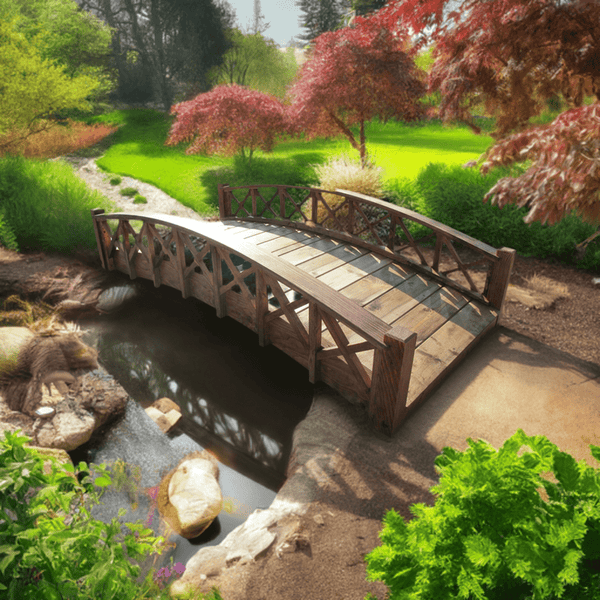 Swan Wooden Garden Bridge with Cross Halving Lattice Railings 6 ft. - SamsGazebos Handcrafted Garden Structures