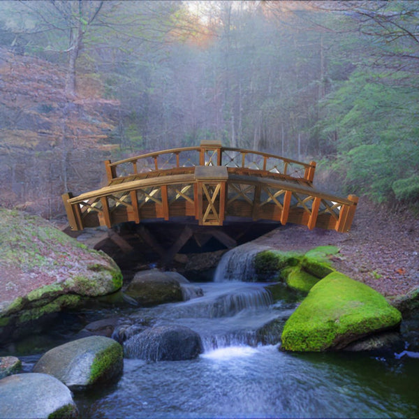 Secret Garden Bridge with Cross Halving Lattice Rails 7 ft. - SamsGazebos Handcrafted Garden Structures