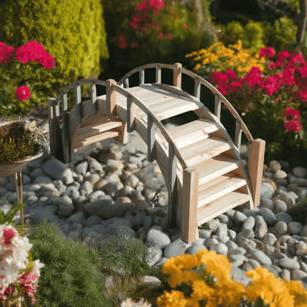 Fairy Tale Small Garden Bridge with Picket Railings 33 Inches Unfinished - SamsGazebos Handcrafted Garden Structures