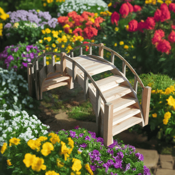 Fairy Tale Small Garden Bridge with Picket Railings 33 Inches Unfinished - SamsGazebos Handcrafted Garden Structures