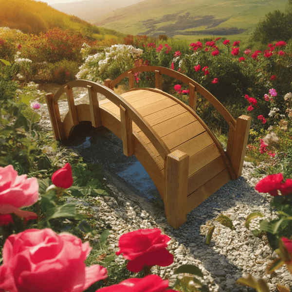 Miniature Japanese Wooden Garden Bridge 25 Inches Tan - SamsGazebos Handcrafted Garden Structures