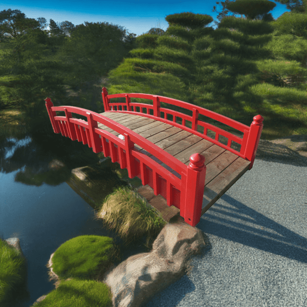 Japanese Taiko Wood Garden Bridge with Finials 8 ft. in RED CLEARANCE - SamsGazebos Handcrafted Garden Structures