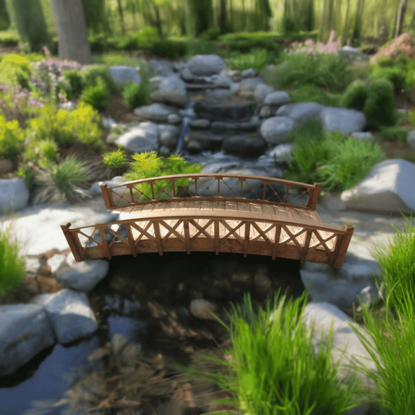 Swan Wooden Garden Bridge with Half Halving Lattice Railings 8 ft. - SamsGazebos Handcrafted Garden Structures