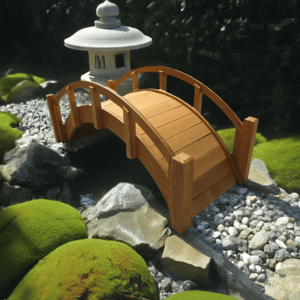 Miniature Japanese Wooden Garden Bridge 25 Inches Tan - SamsGazebos Handcrafted Garden Structures