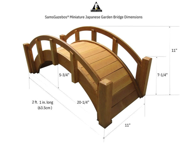 Miniature Japanese Wooden Garden Bridge 25 Inches Tan - SamsGazebos Handcrafted Garden Structures