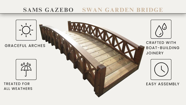 Swan Wooden Garden Bridge with Half Halving Lattice Railings 8 ft. - SamsGazebos Handcrafted Garden Structures