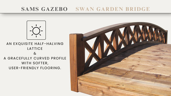 Swan Wooden Garden Bridge with Half Halving Lattice Railings 8 ft. - SamsGazebos Handcrafted Garden Structures