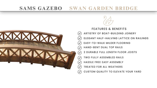 Swan Wooden Garden Bridge with Half Halving Lattice Railings 8 ft. - SamsGazebos Handcrafted Garden Structures