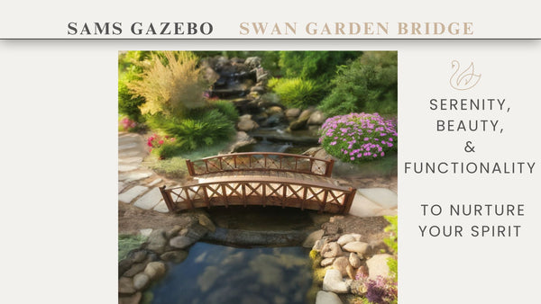 Swan Wooden Garden Bridge with Half Halving Lattice Railings 8 ft. - SamsGazebos Handcrafted Garden Structures